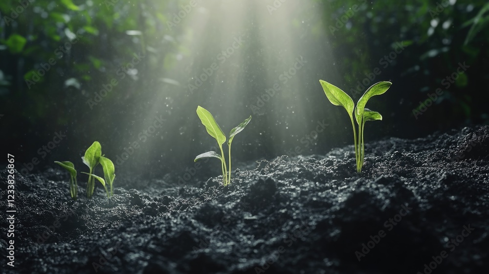 Aufkleber sunlight filtering through forest canopy highlighting young plants in rich soil with ample space for