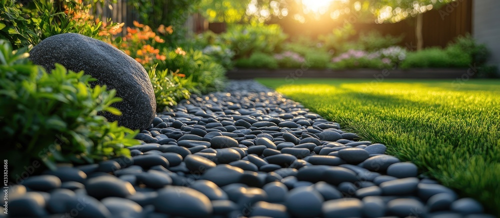 Poster garden walkway with smooth black stones surrounded by greenery and sunlight creating a tranquil outd
