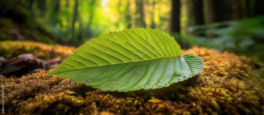 Poster close-up of a green leaf resting on mossy ground in a sunlit forest with blurred background and copy