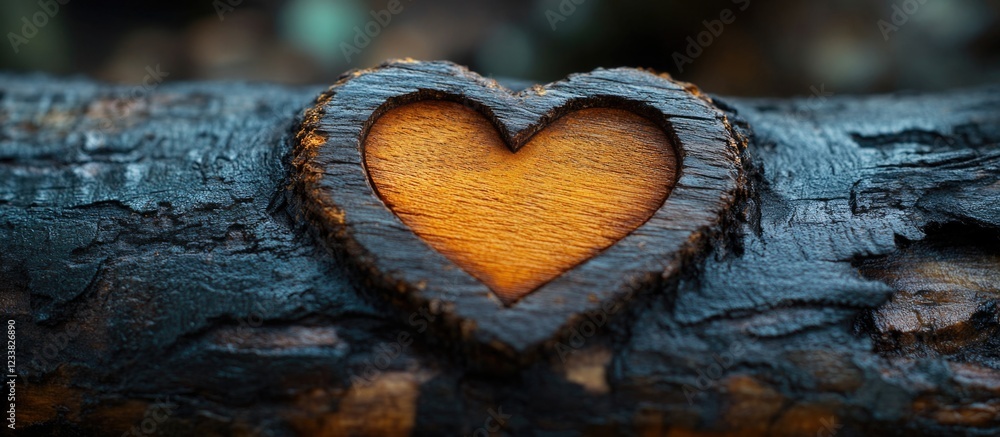 Poster wooden heart carved into a tree trunk with contrasting textures and colors copy space