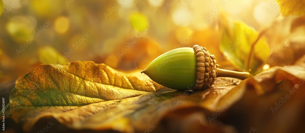 Poster Acorn on Autumn Leaves with Soft Light and Bokeh Background Copy Space