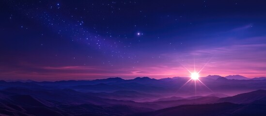 Twilight landscape with shining star and expansive empty space for text in a serene and colorful night sky setting