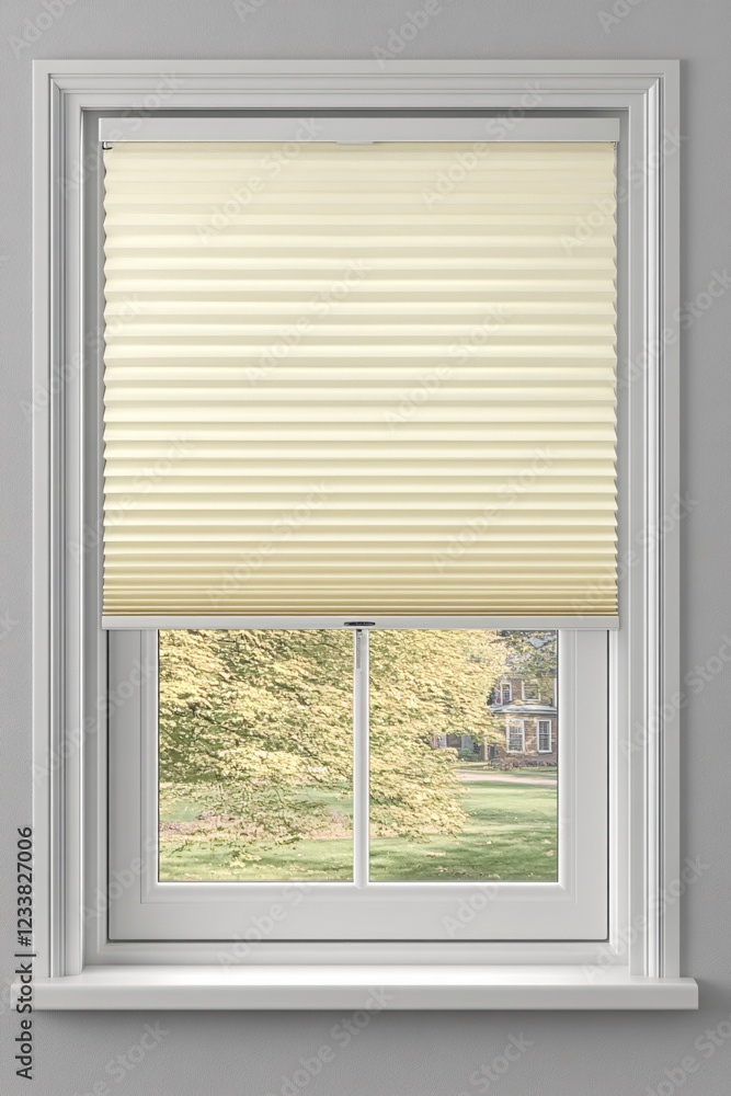 Poster window with cream pleated shade and view of trees and a house on a sunny day