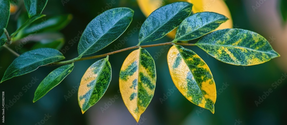 Aufkleber close-up of vibrant green and yellow leaves on a branch with copy space for text placement.