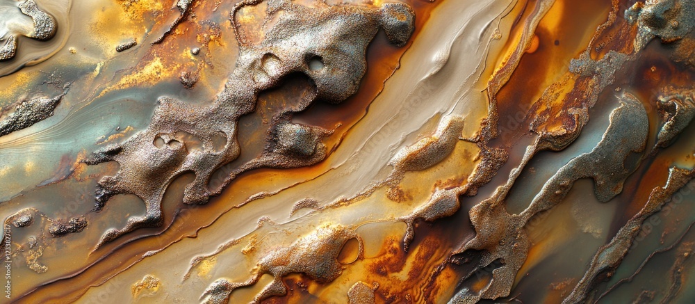 Aufkleber rusty metal surface with textured layers of orange and brown hues detail, abstract background with c