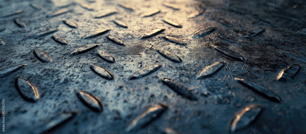 Poster metal surface with diamond plate texture illuminated by soft light creating gradient shadows and hig