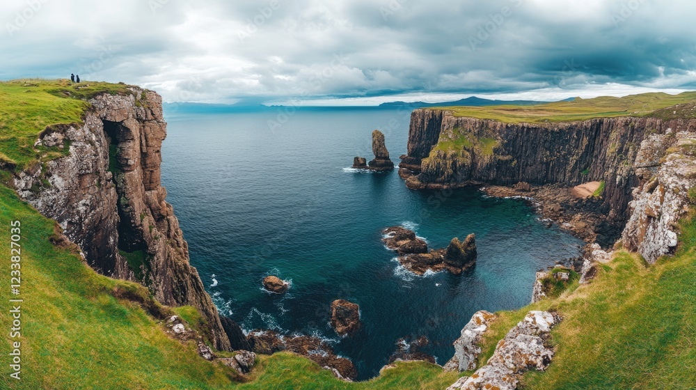 Poster breathtaking coastal view from elevated cliff with expansive empty space for text display