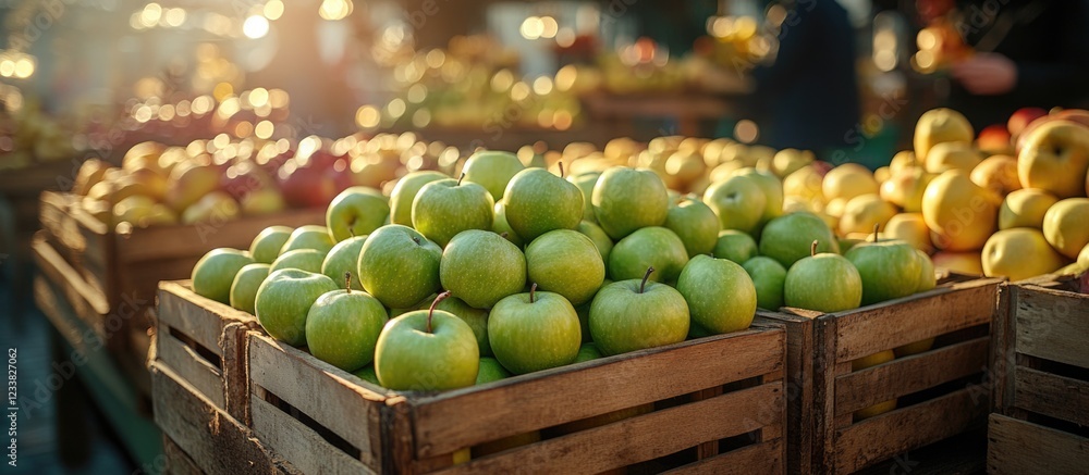 Poster fresh green apples stacked in wooden crates at a vibrant outdoor market with sunlight filtering thro