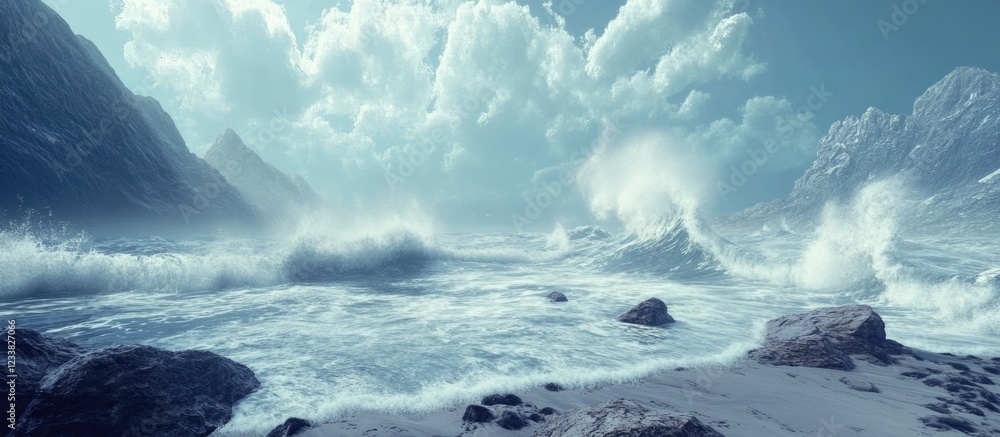 Poster majestic ocean waves crashing on rocky shoreline with ample empty space for text or branding in a se