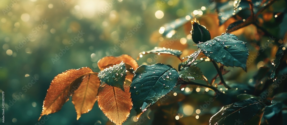 Poster Close-up of dew-covered leaves with warm autumn colors and sunlight filtering through soft bokeh background Copy Space