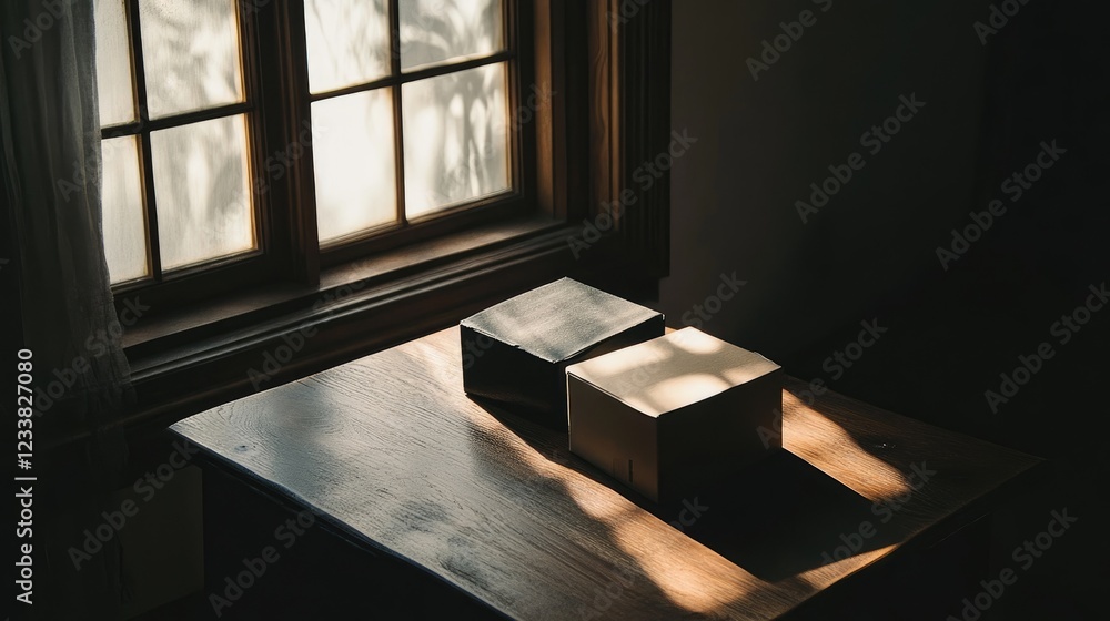 Poster dimly lit table featuring contrasting dark and light boxes with soft window light creating an atmosp