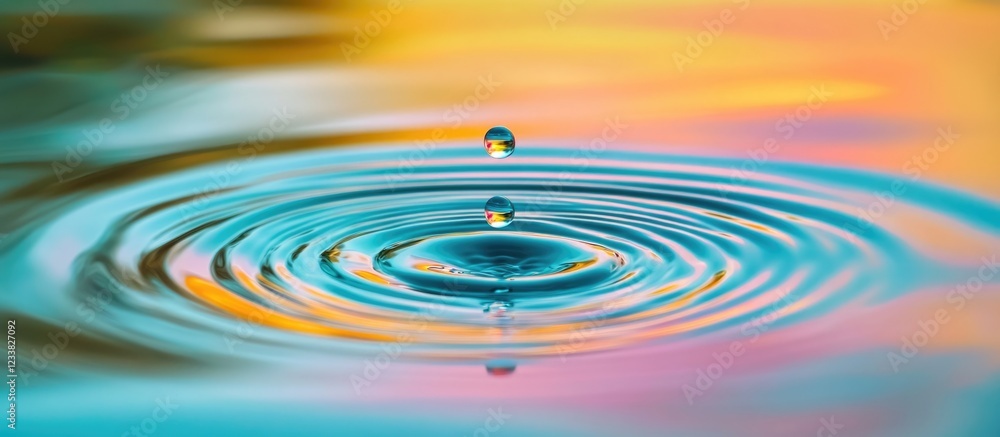 Poster Water drop creating ripples in blue water with colorful reflections on the surface Copy Space