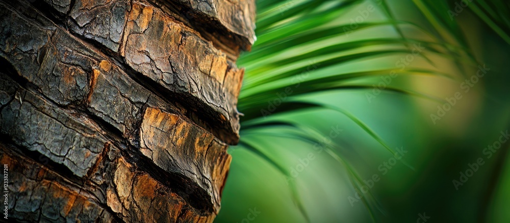 Poster close-up of palm tree bark with blurred green leaves in background with copy space