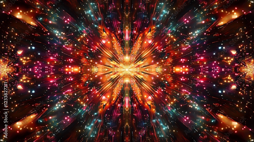 Poster symmetrical abstract light pattern with radiating light and vibrant colorful spots