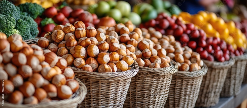 Poster freshly harvested fruits and vegetables displayed in woven baskets at a farmers market with copy spa