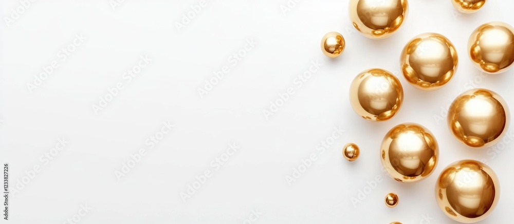Poster Golden spheres on a white background with copy space for text or design applications