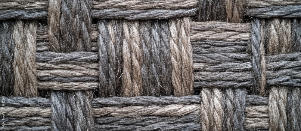 Poster textured woven pattern in shades of gray and brown with visible strands of material, copy space avai