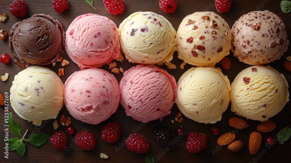 Poster assorted ice cream scoops with nuts and berries arranged on a wooden background for a delightful des