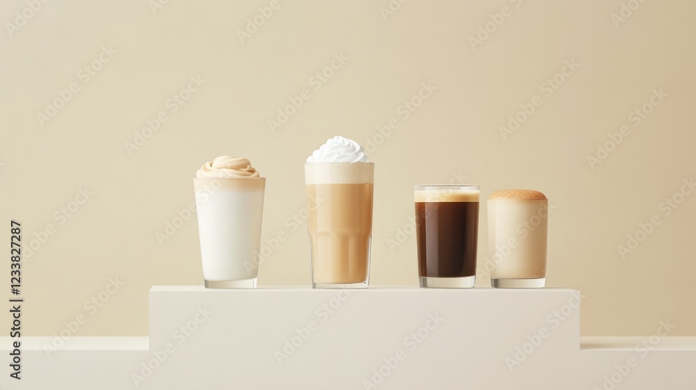 Poster Assorted Flat White Beverages on a Podium with a Minimalistic Background and Empty Copy Space for Text