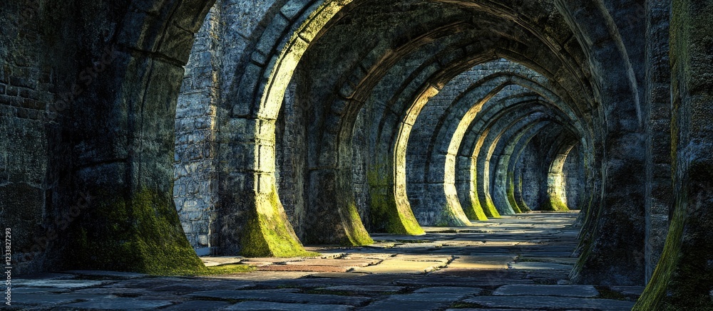 Poster Moss-covered stone arches in an ancient corridor with sunlight illuminating the path Copy Space