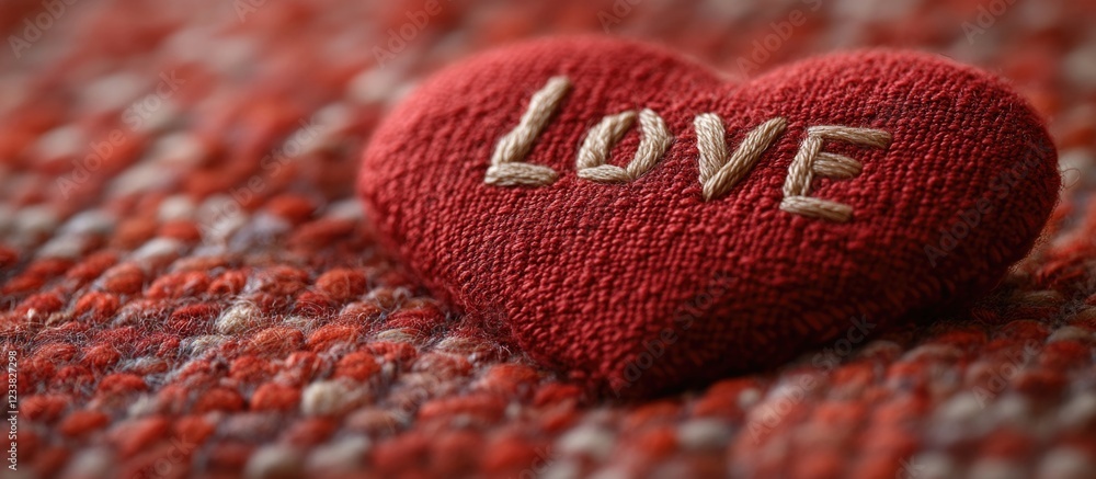 Poster red heart-shaped cushion with the word love embroidered, placed on a textured fabric background, fea