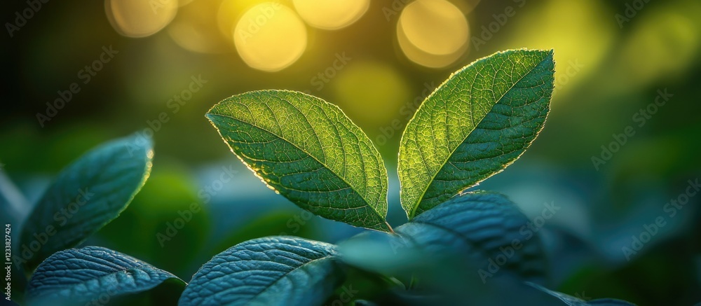 Poster close-up of fresh green leaves with sunlight glowing through them and blurred background providing c