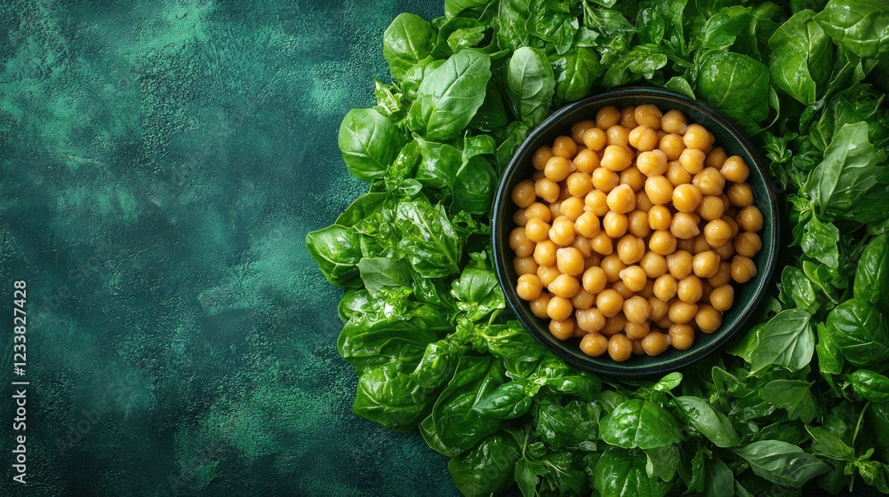 Poster chickpea salad with fresh greens in a bowl on textured background with space for adding text or reci