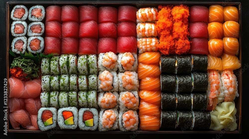 Poster variety of sushi maki rolls and nigiri arranged in a colorful grid on a black background for a visua