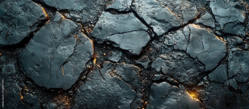 Poster Cracked dark asphalt texture background with glowing edges and uneven surface Copy Space