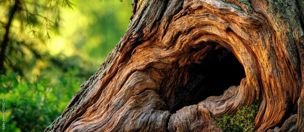Poster Detailed close-up of an ancient tree trunk with intricate textures and hollow, blurred green forest background with Copy Space.
