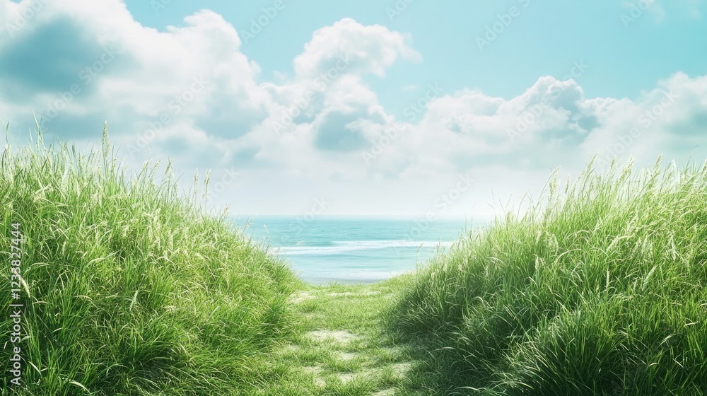 Fototapete serene pathway of tall grass leading to a tranquil beach under a blue sky with clouds and ample copy
