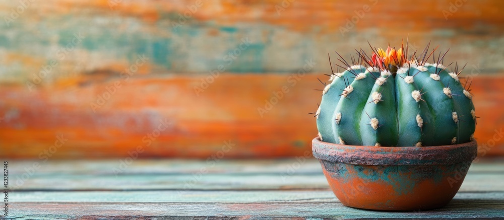 Poster cactus in terracotta pot with colorful wooden background and copy space for text