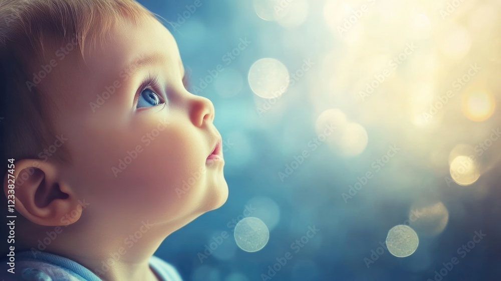Poster dreamy photo manipulation of a baby looking upwards with a soft bokeh background and ample copyspace