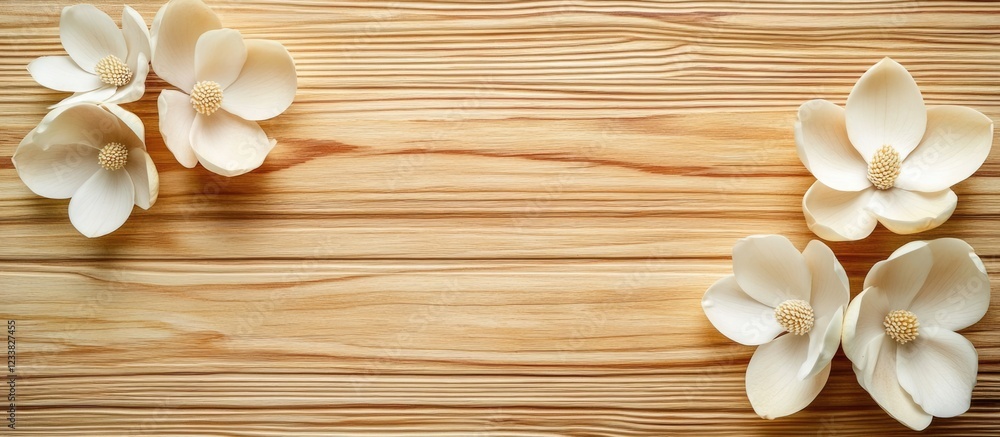 Aufkleber white flower decorations on wooden background with copy space for text or design use