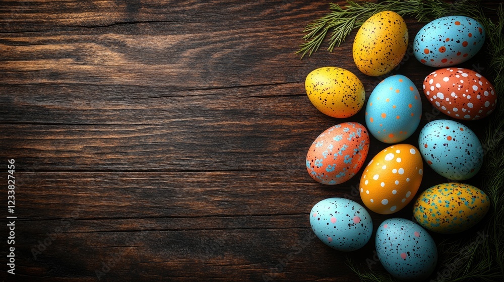 Poster colorful easter eggs displayed on a rustic wooden floor with blank space for personalized text or gr