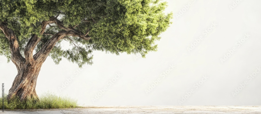 Poster Single large tree on a grassy area with plain white background and ample copy space for text placement.