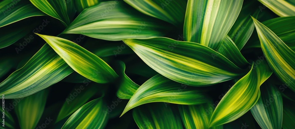 Poster Vibrant green leaves with distinctive texture and patterns on a dark background with Copy Space for text placement