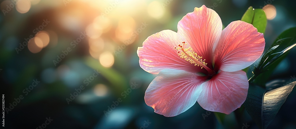Poster Pink Hibiscus Flower in Soft Natural Light with Green Background and Copy Space for Text