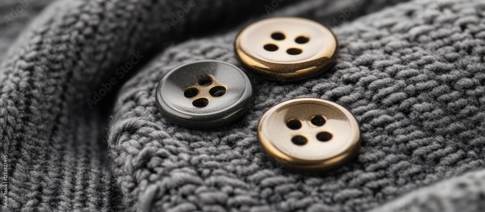 Aufkleber close-up of three buttons on knitted fabric with gray tones and textures copy space