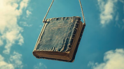 Vintage book hanging against a blue sky with clouds and copy space for text placement