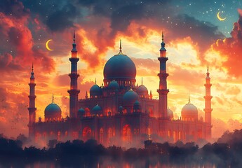 An Ornate Mosque with Multiple Domes and Minarets Against a Vibrant Sunset Sky with Crescent Moons