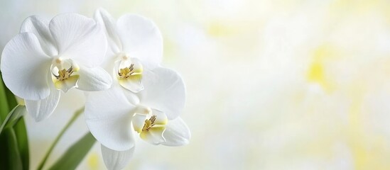 Orchid flowers with soft blurred background and copy space for text. Elegant white orchids with yellow accents. Suitable for floral themes.