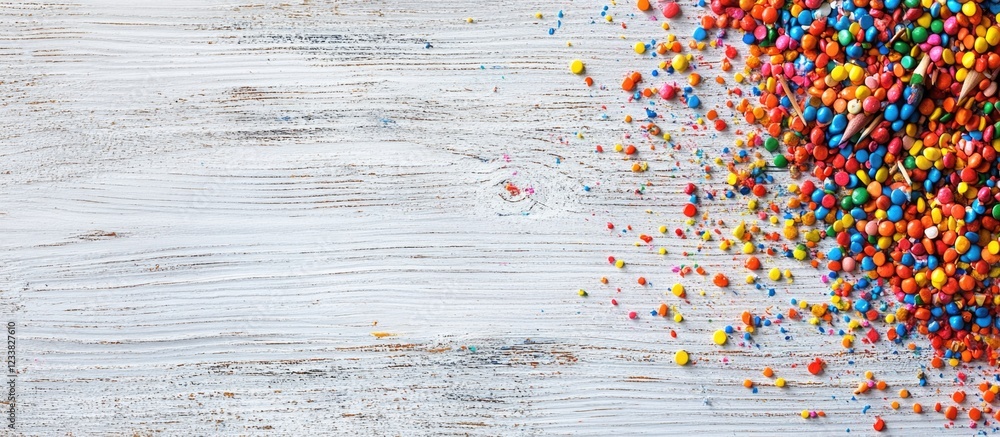 Aufkleber colorful sprinkles scattered on a rustic wooden surface with copy space for text placement