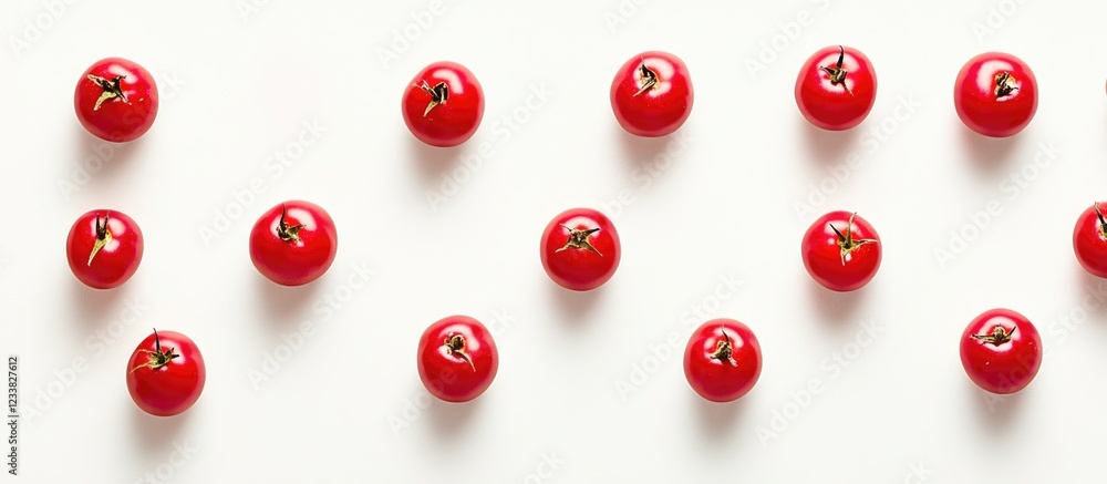 Poster red cherry tomatoes arranged in a patterned layout on a white surface with ample copy space for text