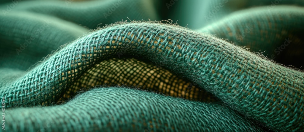 Poster Textured green fabric with soft folds and depth, showcasing intricate weave patterns, ideal for background use and textile design. Copy Space.
