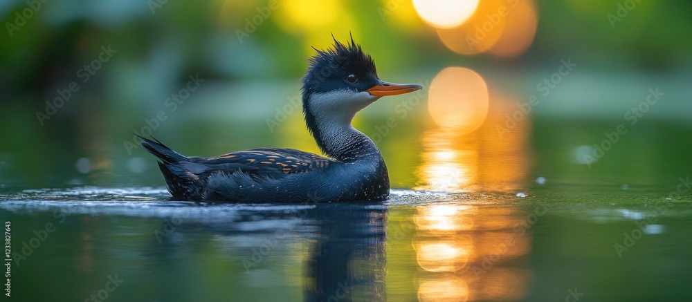 Poster Elegant duck swimming in a tranquil pond with soft bokeh background and colorful reflections Copy Space