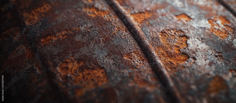 Aufkleber rusty metal surface texture with visible corrosion and patina patterns, macro photograph, copy space