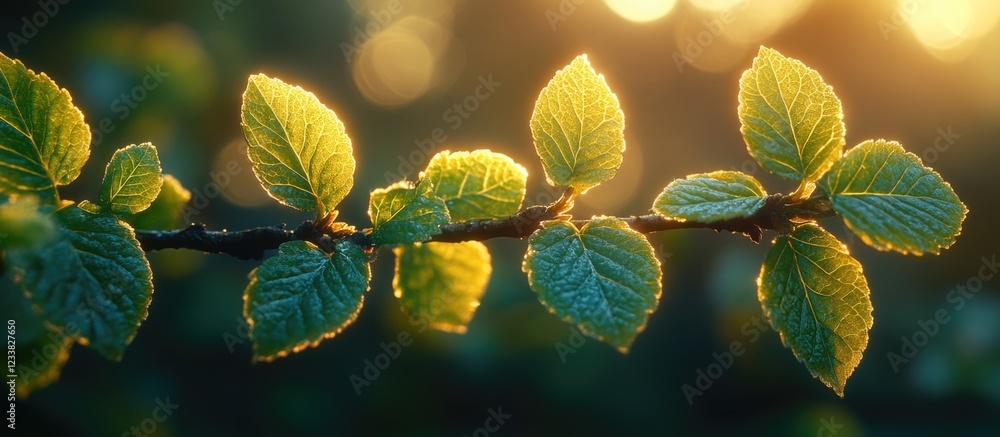 Aufkleber close-up of green leaves on a branch illuminated by sunlight with a blurred background and copy spac