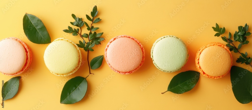 Poster colorful macarons arranged in a row with green leaves on a bright yellow background copy space