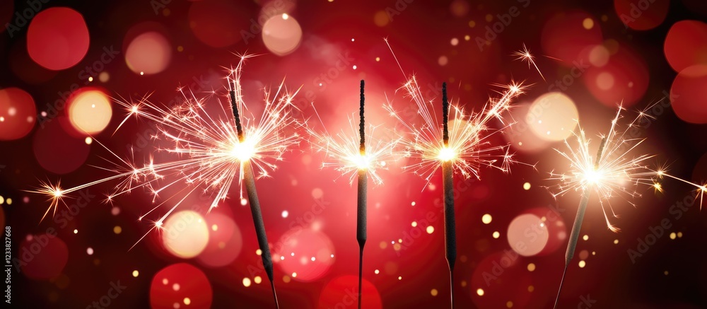 Poster sparkler fireworks on red background with bokeh lights and copy space for text decoration or celebra